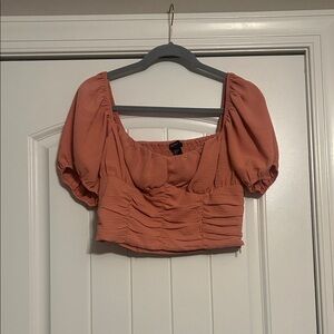 Forever 21 Ruched Puff-Sleeve Crop Top - Rust